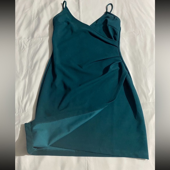 Verdusa Spaghetti Strap Dark Green Asymmetrical Faux Wrap Mini Dress - Picture 4 of 9